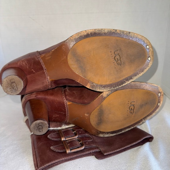 UGG Womens Raya Brown Leather And Suede Tall Heeled Boots Sheepskin Trim Size 9 - Picture 15 of 16